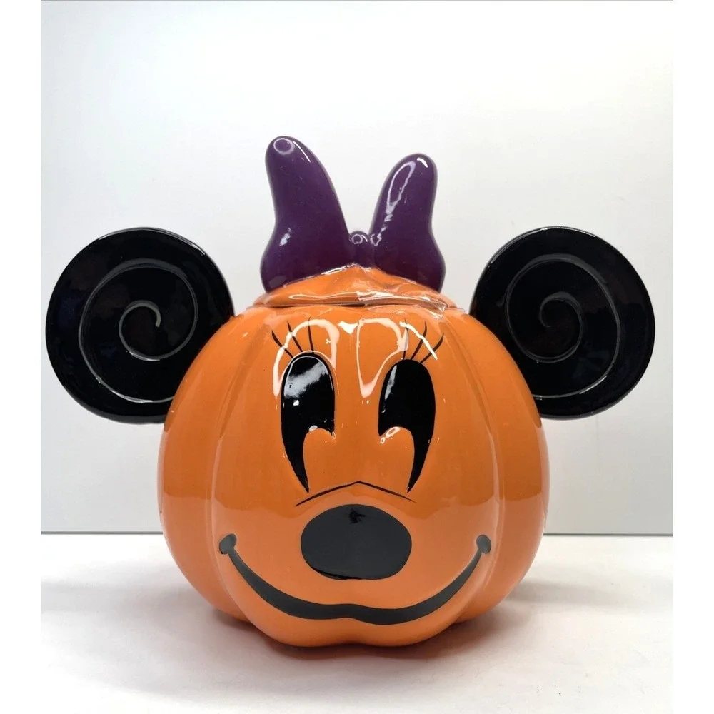 NEW Disney MINNIE Mouse Ceramic Pumpkin COOKIE JAR Orange Canister Halloween